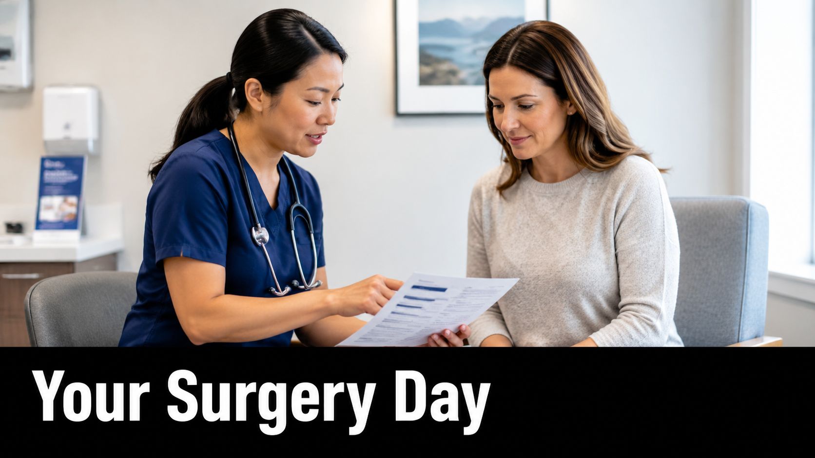 A healthcare professional explaining surgical documents to a female patient during a consultation at a clinic.