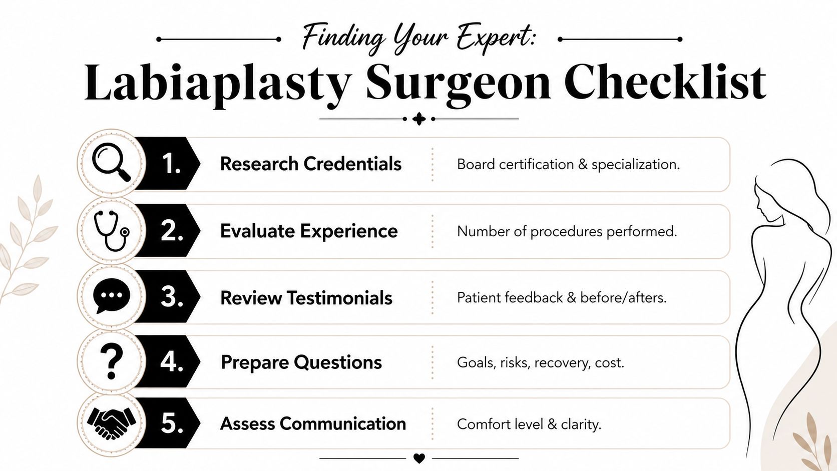 A checklist of five essential steps to follow when choosing a qualified and experienced labiaplasty surgeon.