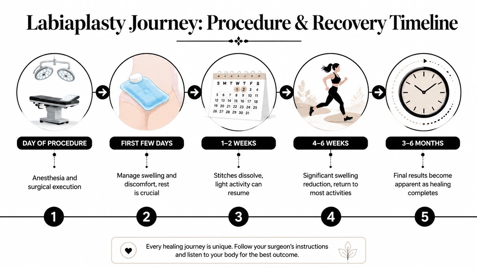 A timeline graphic illustrating the recovery stages after a labiaplasty surgery from procedure day to final results.