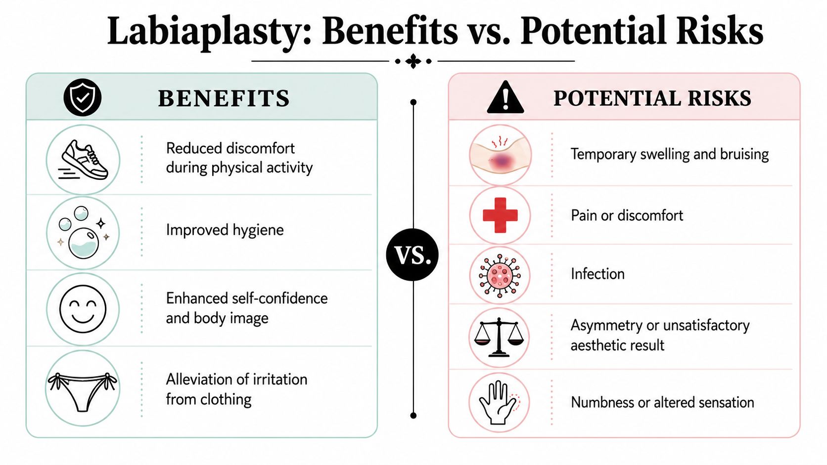 A comparison chart outlining the potential benefits and common risks associated with labiaplasty surgical procedures.