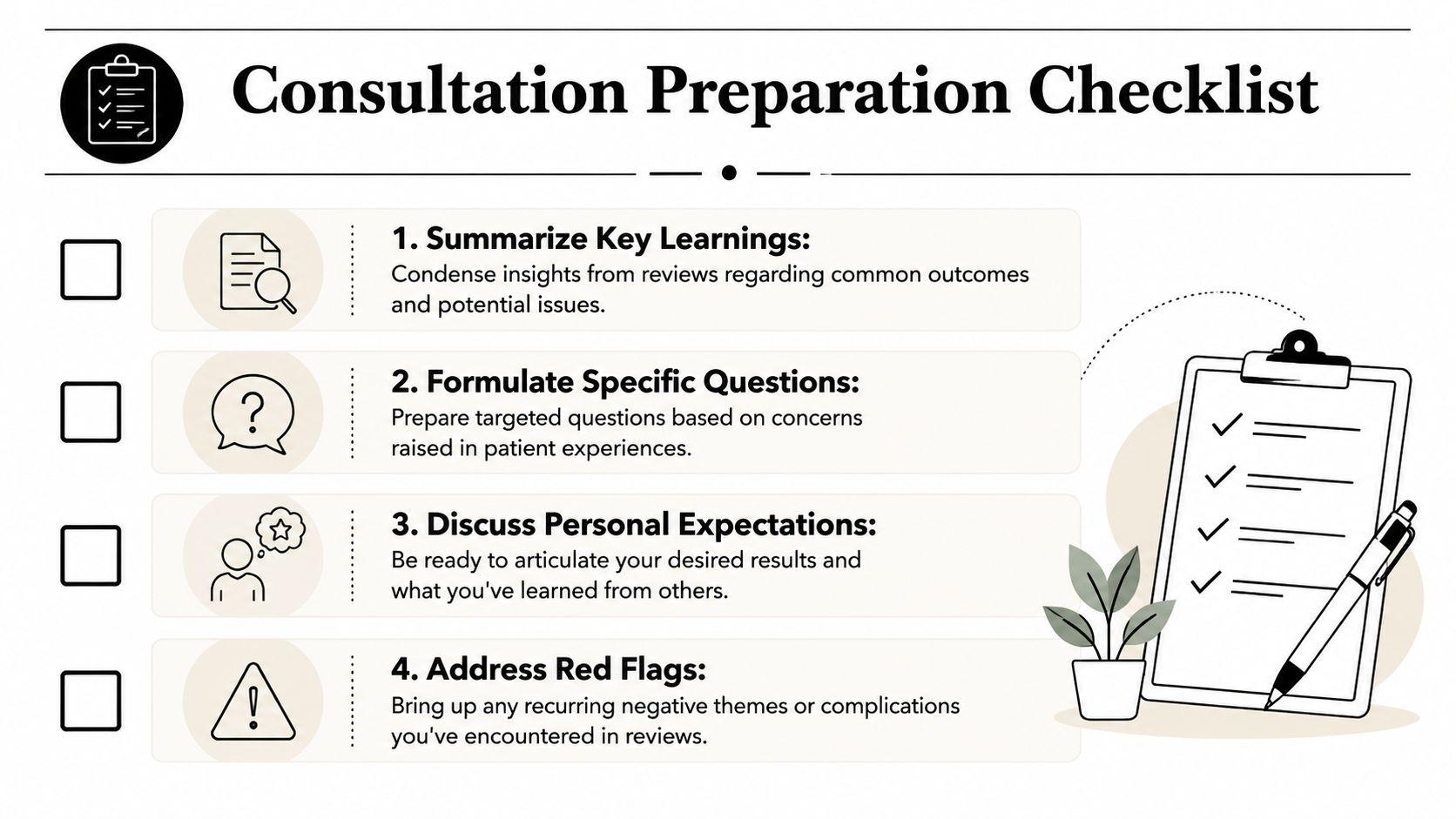 A four-step consultation preparation checklist for patients planning surgery, featuring icons and descriptive text.