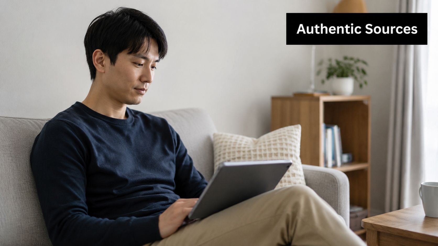 A focused man sitting on a sofa while reading information on his tablet at home.