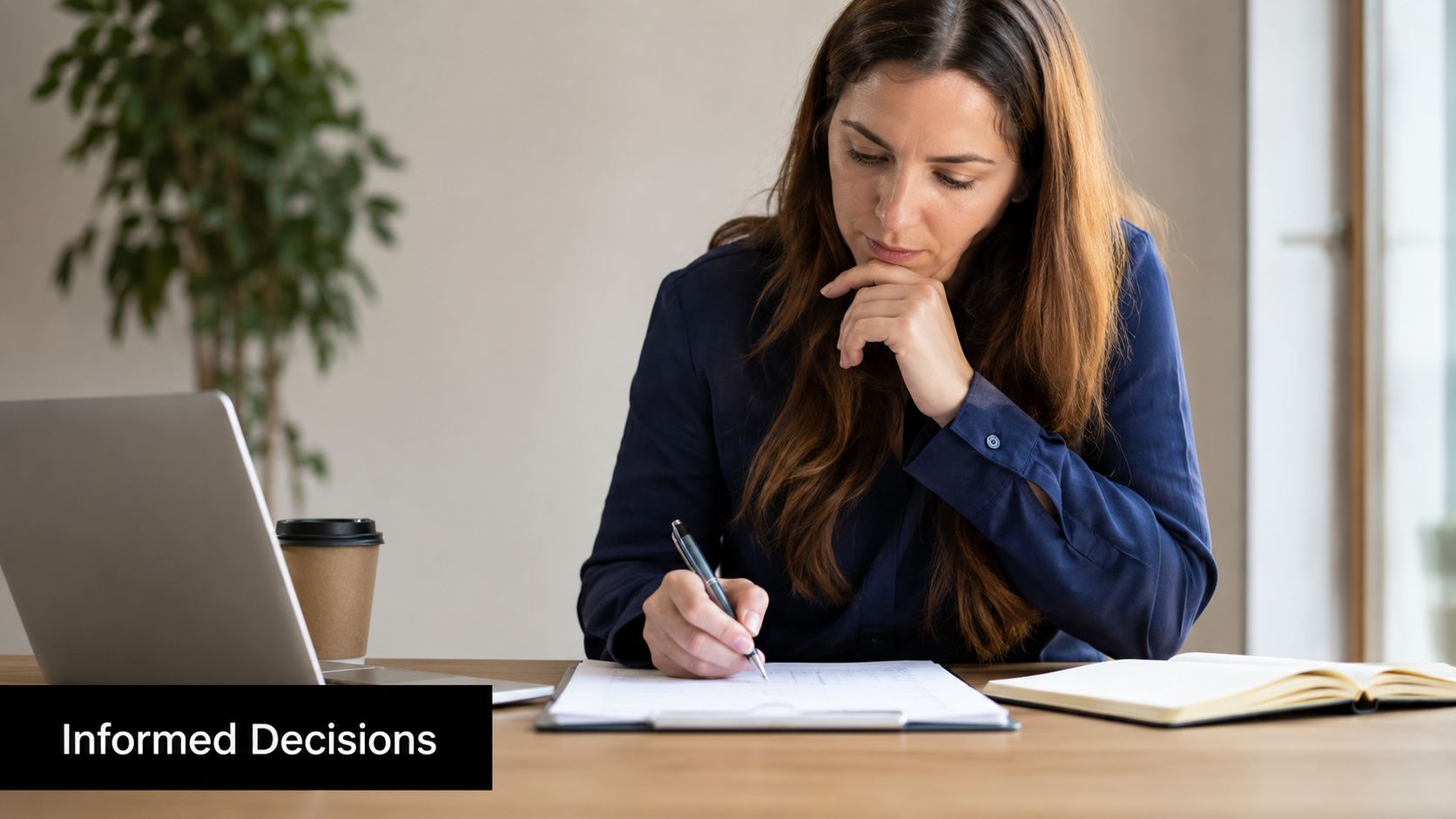 A professional woman writing on a document while analyzing data on her laptop during a workday.