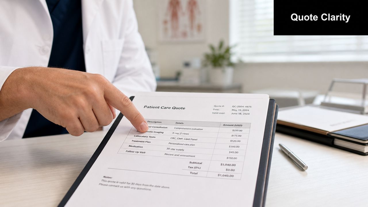 A doctor in a lab coat pointing to a patient care quote document on a desk.