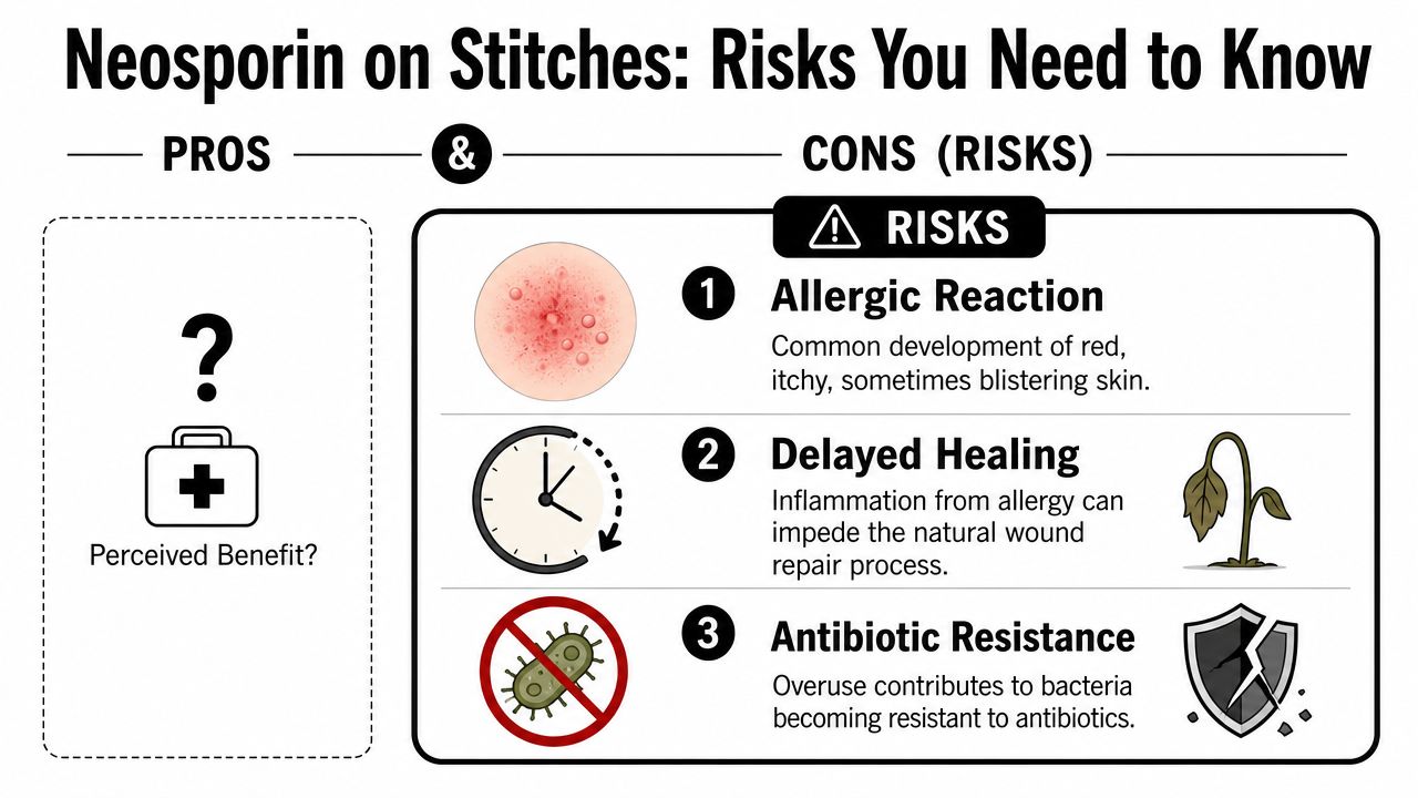An infographic titled Neosporin on Stitches listing the risks of allergic reaction, delayed healing, and antibiotic resistance.