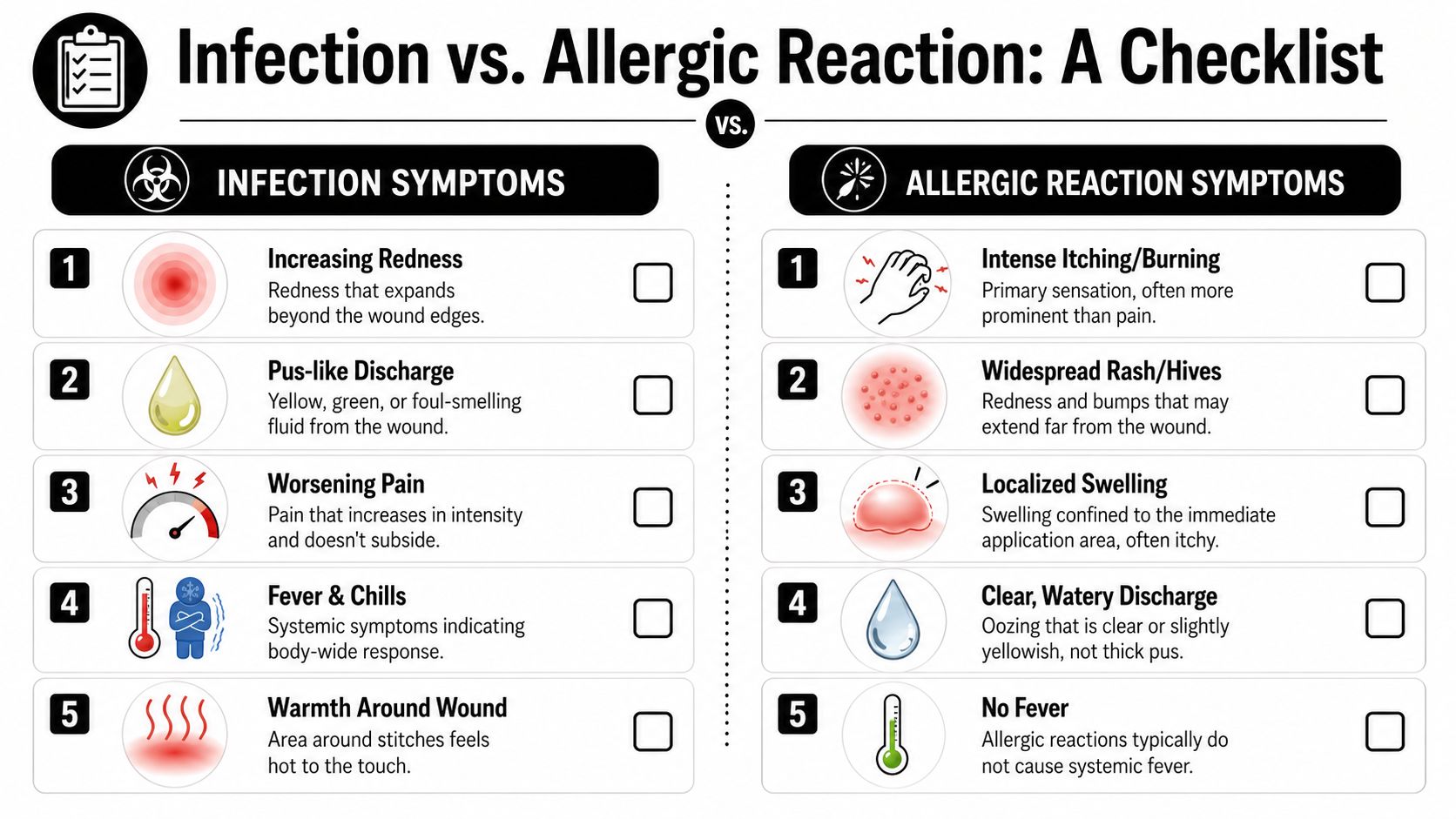 A comparison chart outlining symptoms of infection versus allergic reaction for wound care and stitches.