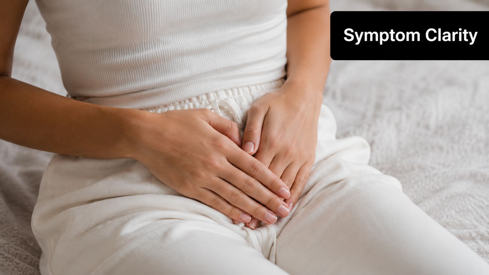 A person resting their hands on their pelvic area, suggesting discomfort or pain in the vulvar region.