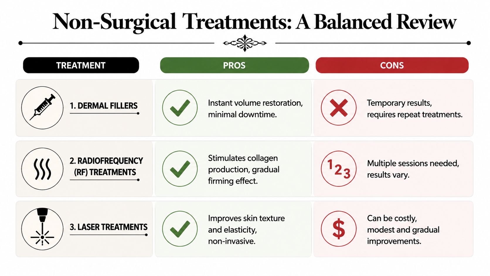 A table comparing the pros and cons of three non-surgical cosmetic skin tightening and volume treatments.