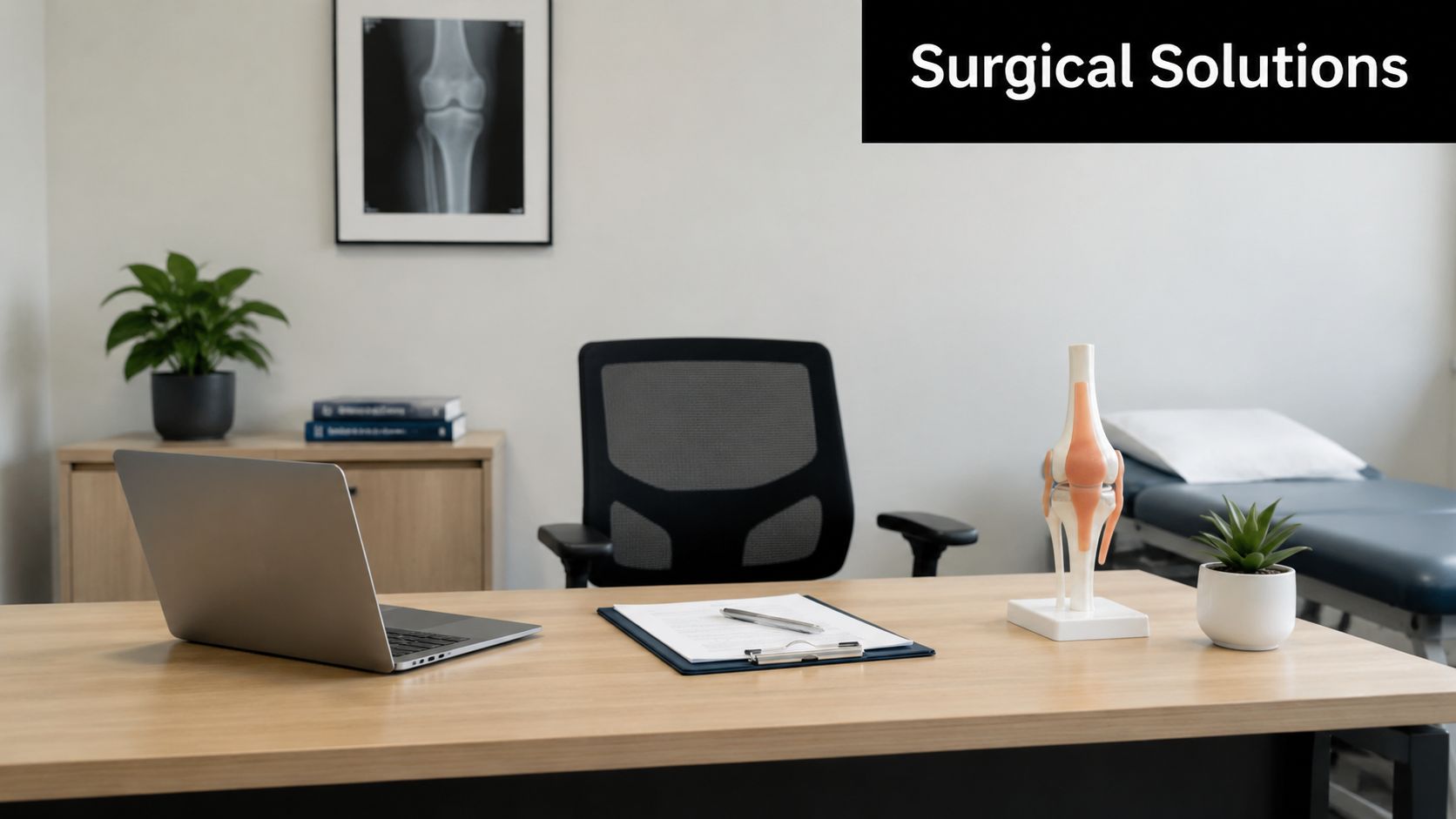 A professional orthopedic surgeon office desk with a laptop, anatomical knee model, and medical documents.