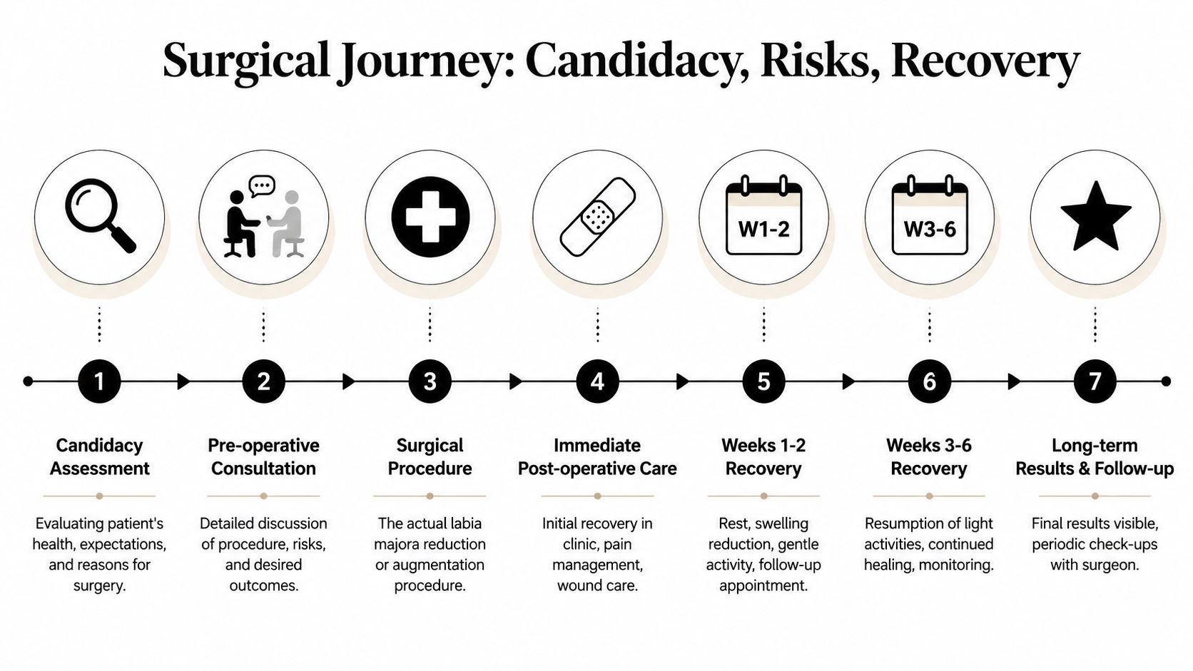 A seven-step infographic titled Surgical Journey explaining the stages of labia majora reduction or augmentation surgery.