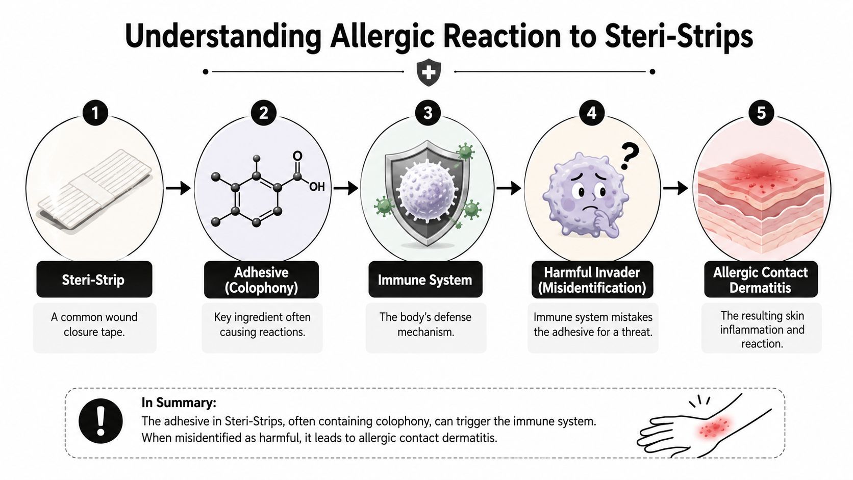 An infographic illustrating the process of an allergic reaction to adhesive Steri-Strip wound closure tape.