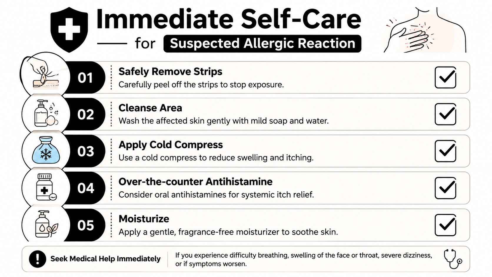 An infographic showing steps for immediate self-care of a suspected allergic reaction to adhesive strips.