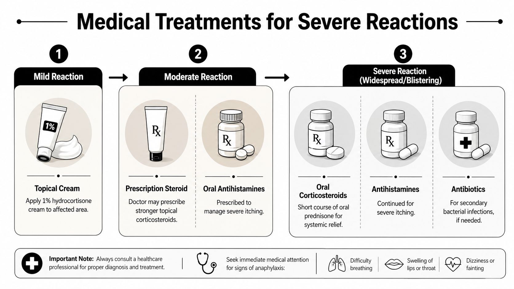 An infographic illustrating three levels of medical treatments for allergic skin reactions, ranging from mild to severe.