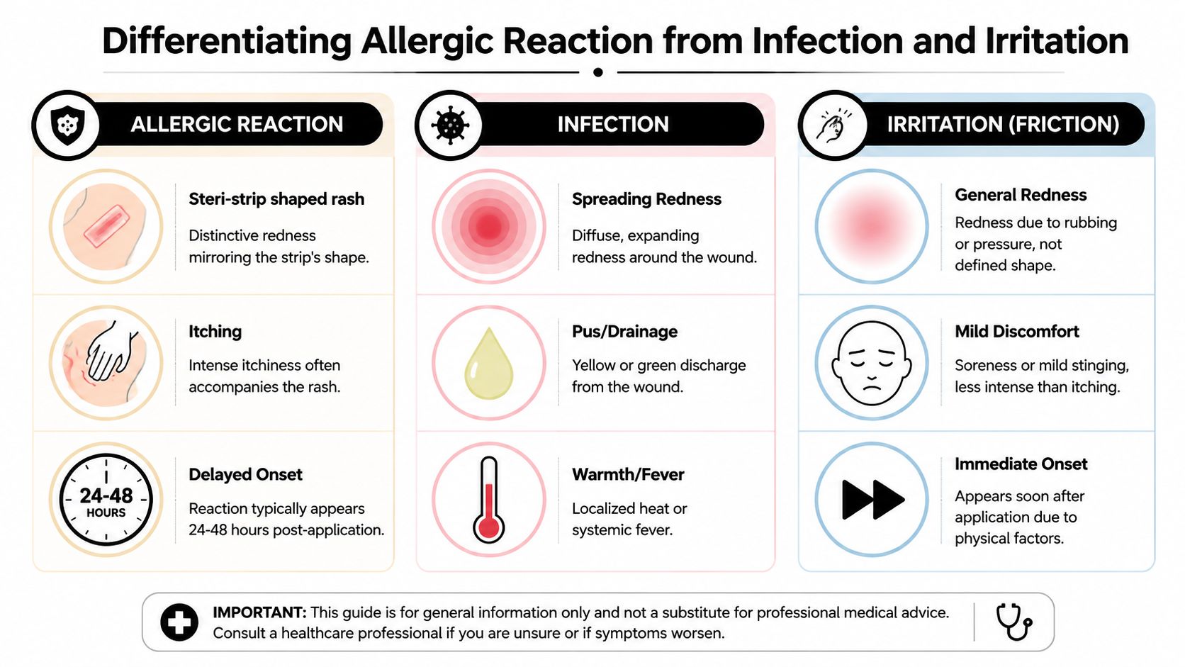 A medical infographic comparing allergic reactions, infections, and irritation from steri-strip wound dressings.