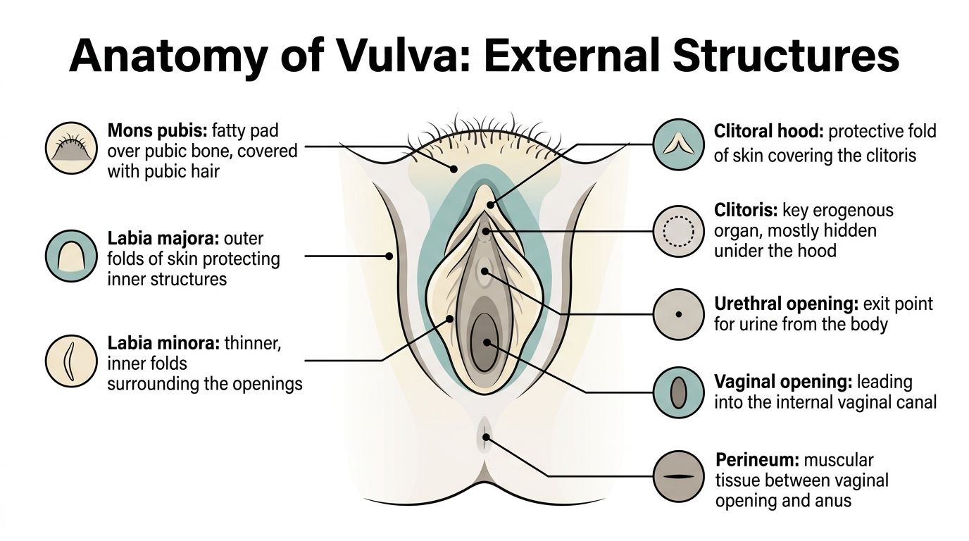 A detailed medical diagram labeled Anatomy of Vulva illustrating and identifying the external female genital structures.