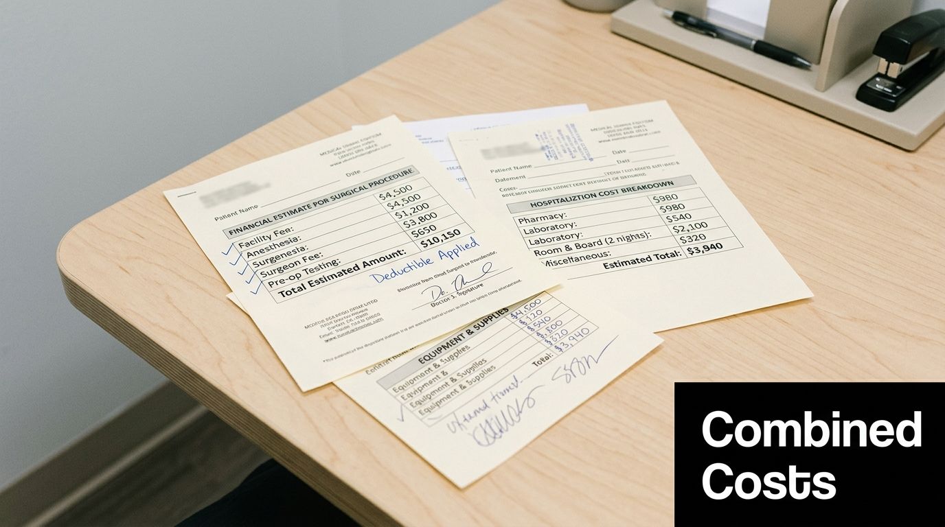 Several medical financial estimate forms detailing surgical, hospitalization, and equipment costs placed on a desk.