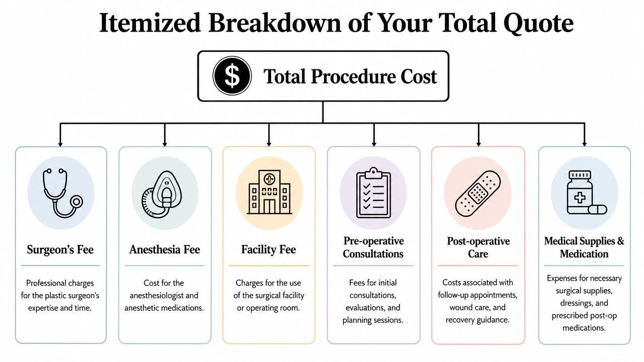 An infographic showing the itemized cost breakdown for a surgical procedure, including surgeon, facility, and medication fees.