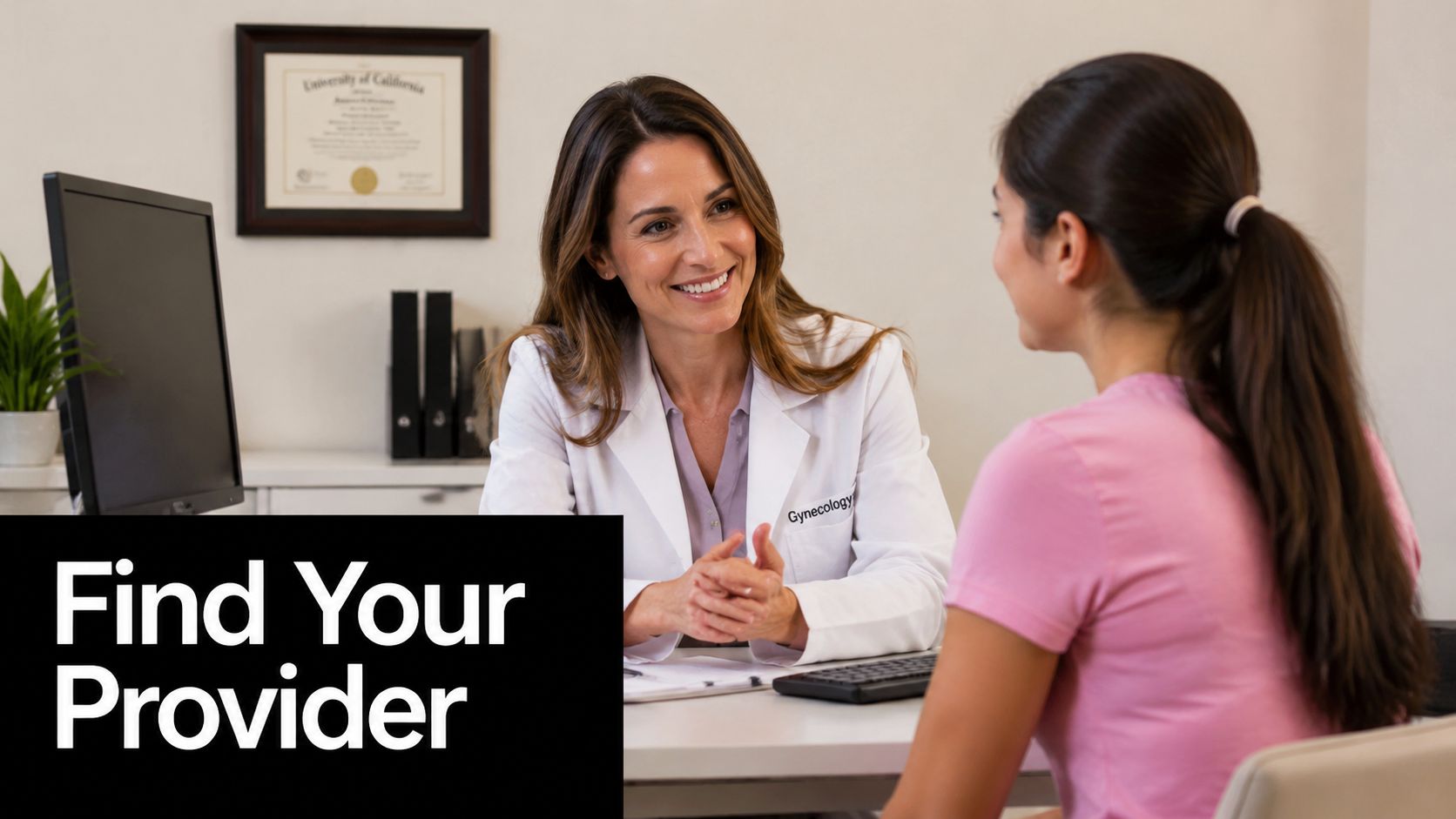A friendly female gynecologist smiling at her patient during a medical consultation in a professional office.