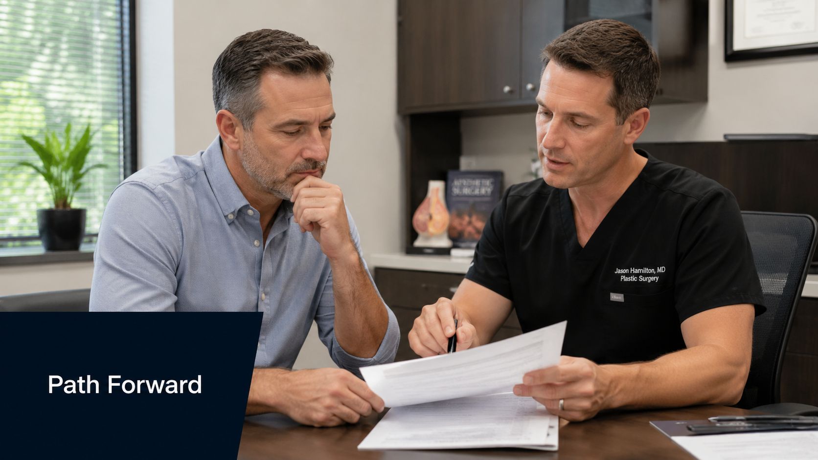 A plastic surgeon discusses treatment options and surgical plans with a patient during a medical consultation.