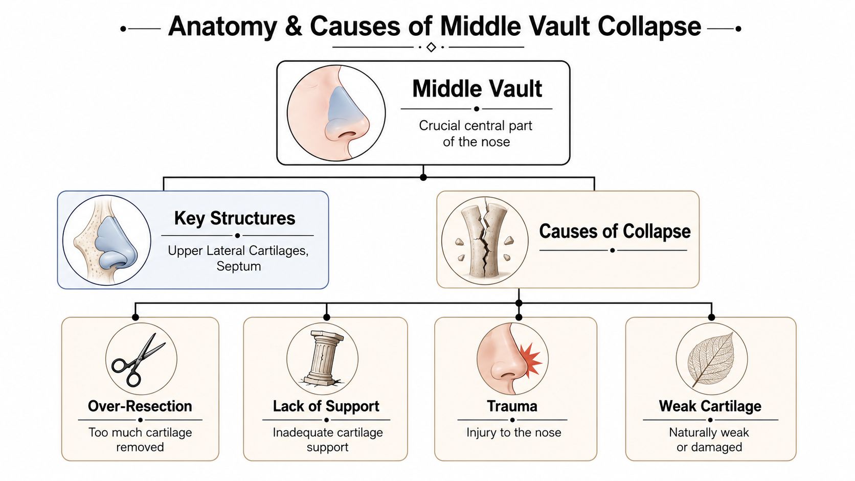 An infographic detailing the anatomy and common causes of middle vault collapse in the nose.