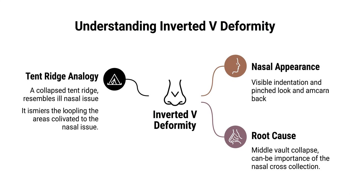 A diagram explaining the inverted V deformity of the nose with its cause and appearance characteristics.