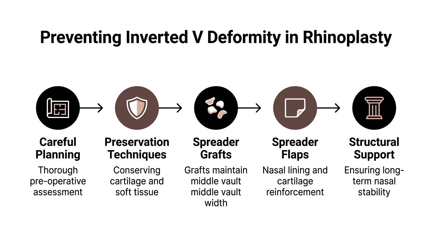 A diagram outlining five key surgical strategies to prevent inverted V deformity during rhinoplasty procedures.