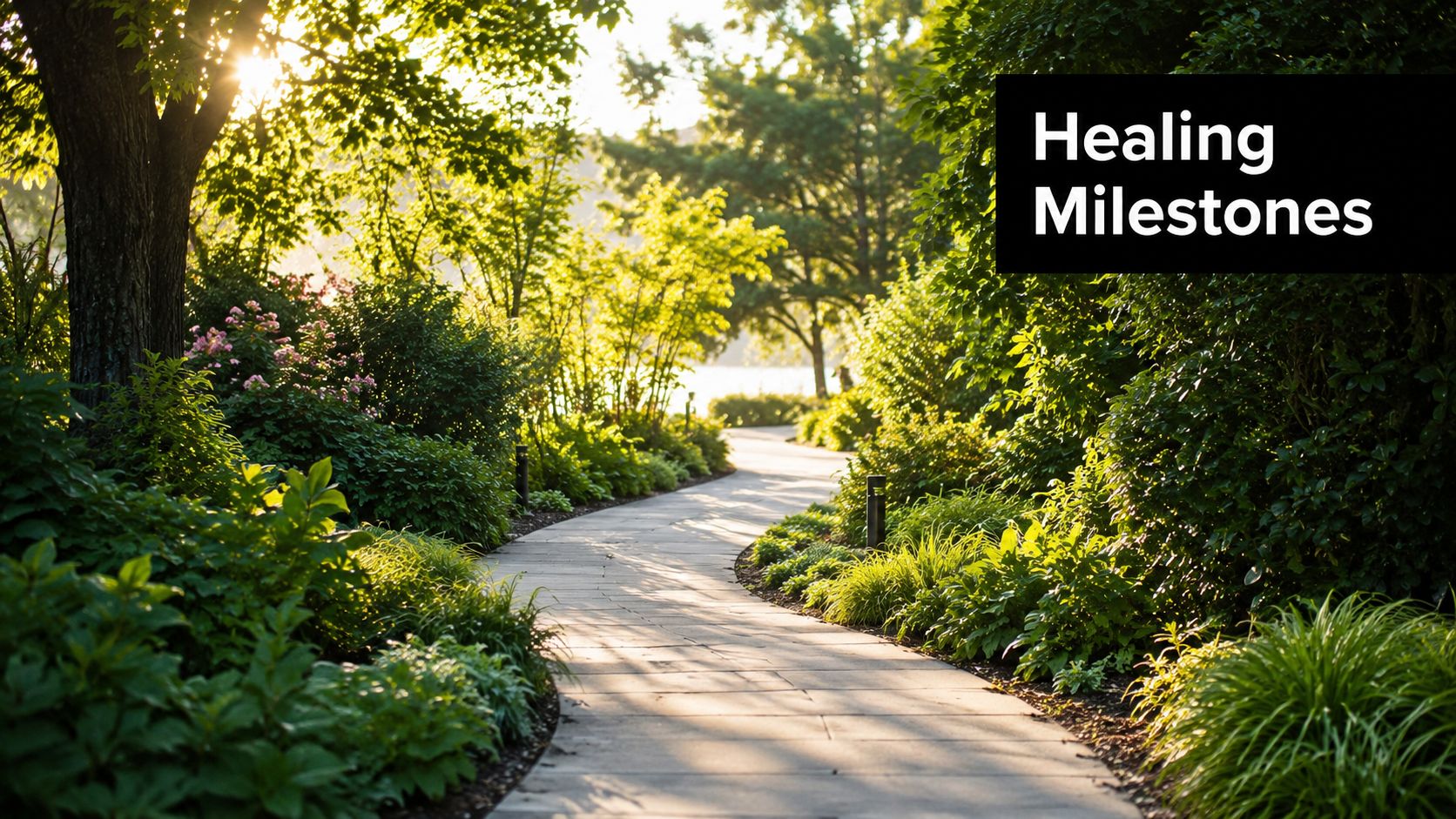 A serene stone pathway winding through a lush green garden at sunset, symbolizing a healing journey.