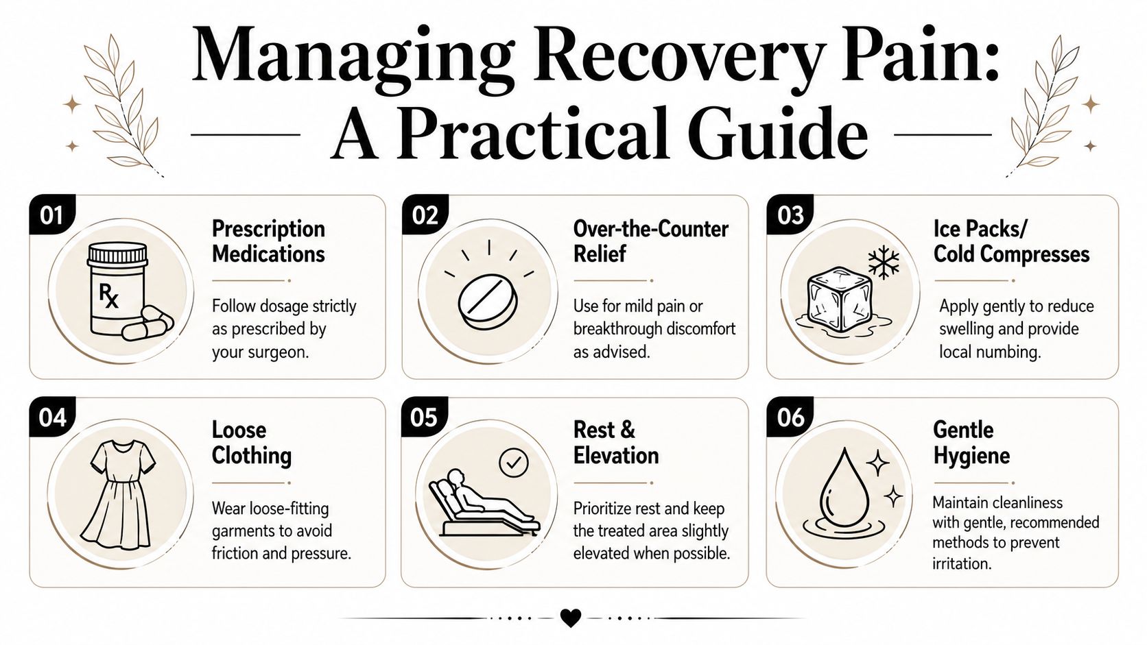 A six-point infographic titled Managing Recovery Pain offering practical tips for post-surgical comfort and healing.