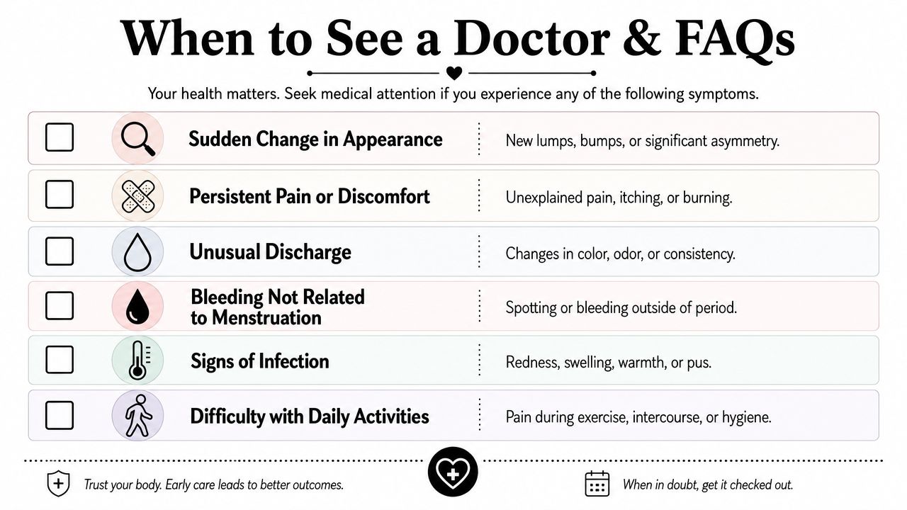 A medical infographic outlining symptoms like pain, discharge, and changes that indicate when to see a doctor.