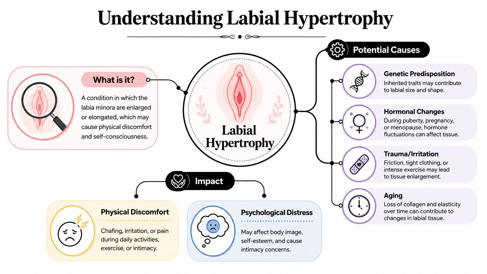 An infographic explaining the causes and impacts of labial hypertrophy, featuring illustrations and clear educational text.