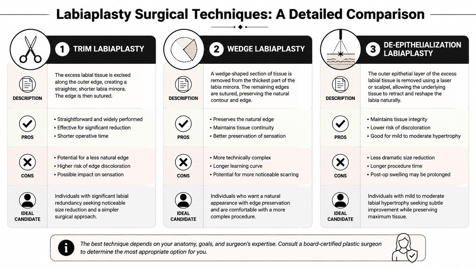 A comparison chart outlining three different labiaplasty surgical techniques including trim, wedge, and de-epithelialization procedures.