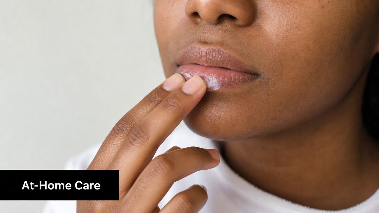 A person gently applying a medicated cream to their lip to help heal scar tissue.