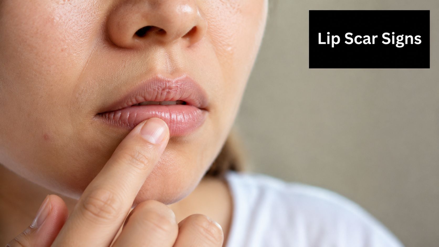 A close-up view of a person pointing to their lower lip, highlighting visible lip scar signs.