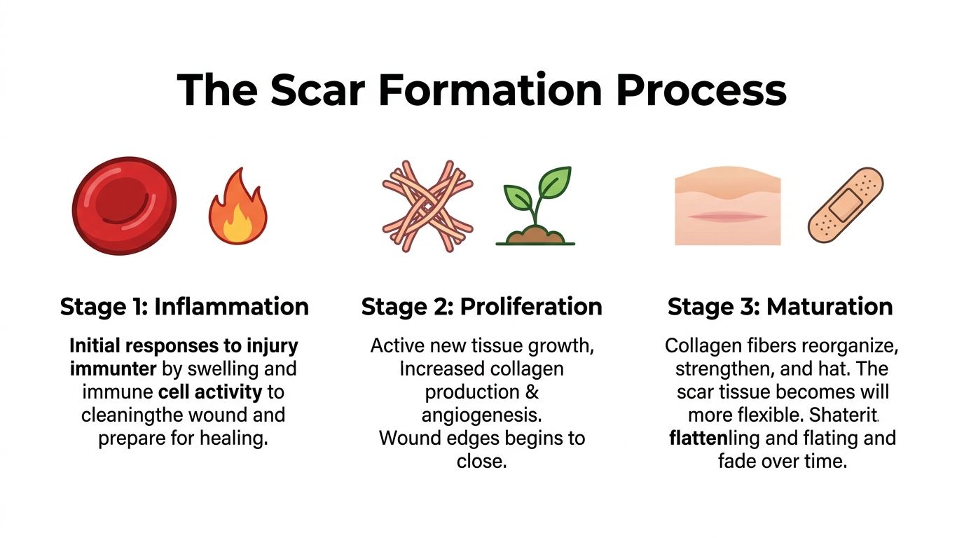 A simplified infographic explaining the three stages of the scar formation process: inflammation, proliferation, and maturation.