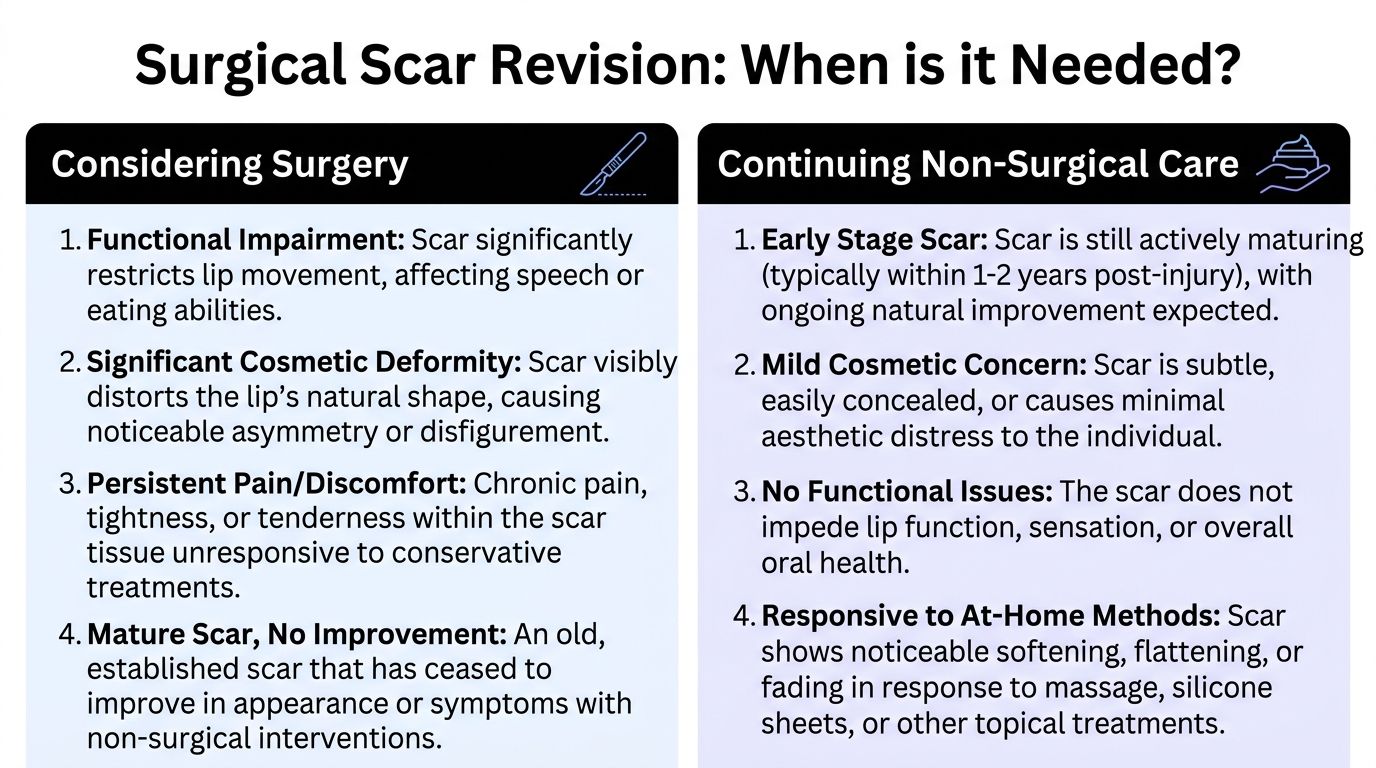A comparison chart outlining criteria for choosing surgical scar revision versus continuing non-surgical scar care treatments.