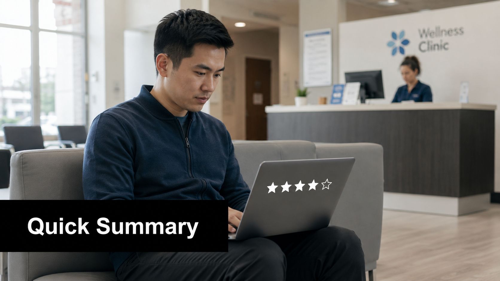 A man sitting in a medical clinic lobby working on a laptop displaying a four-star rating.