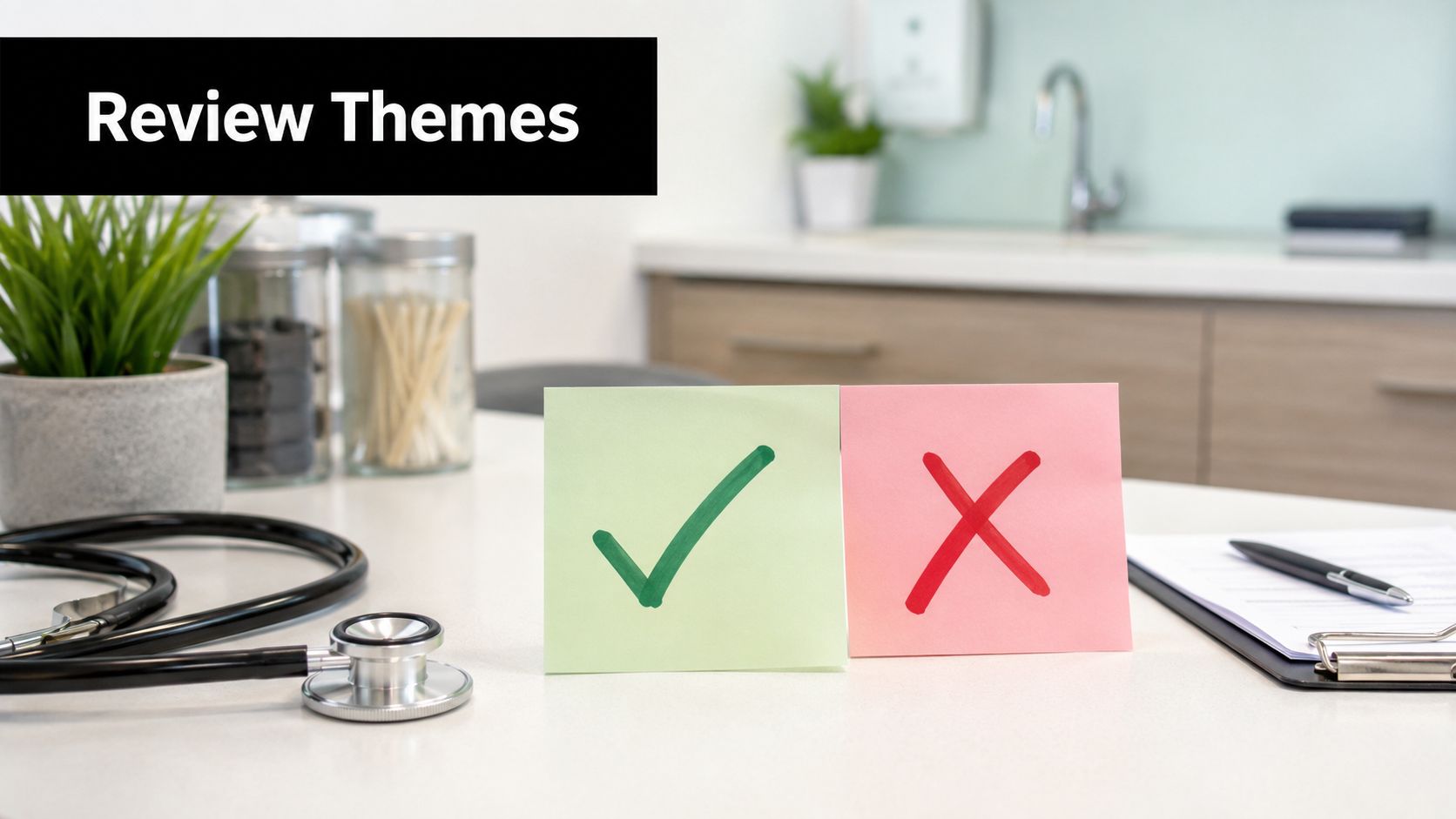 A stethoscope and two sticky notes with a green checkmark and red cross on a medical office desk.