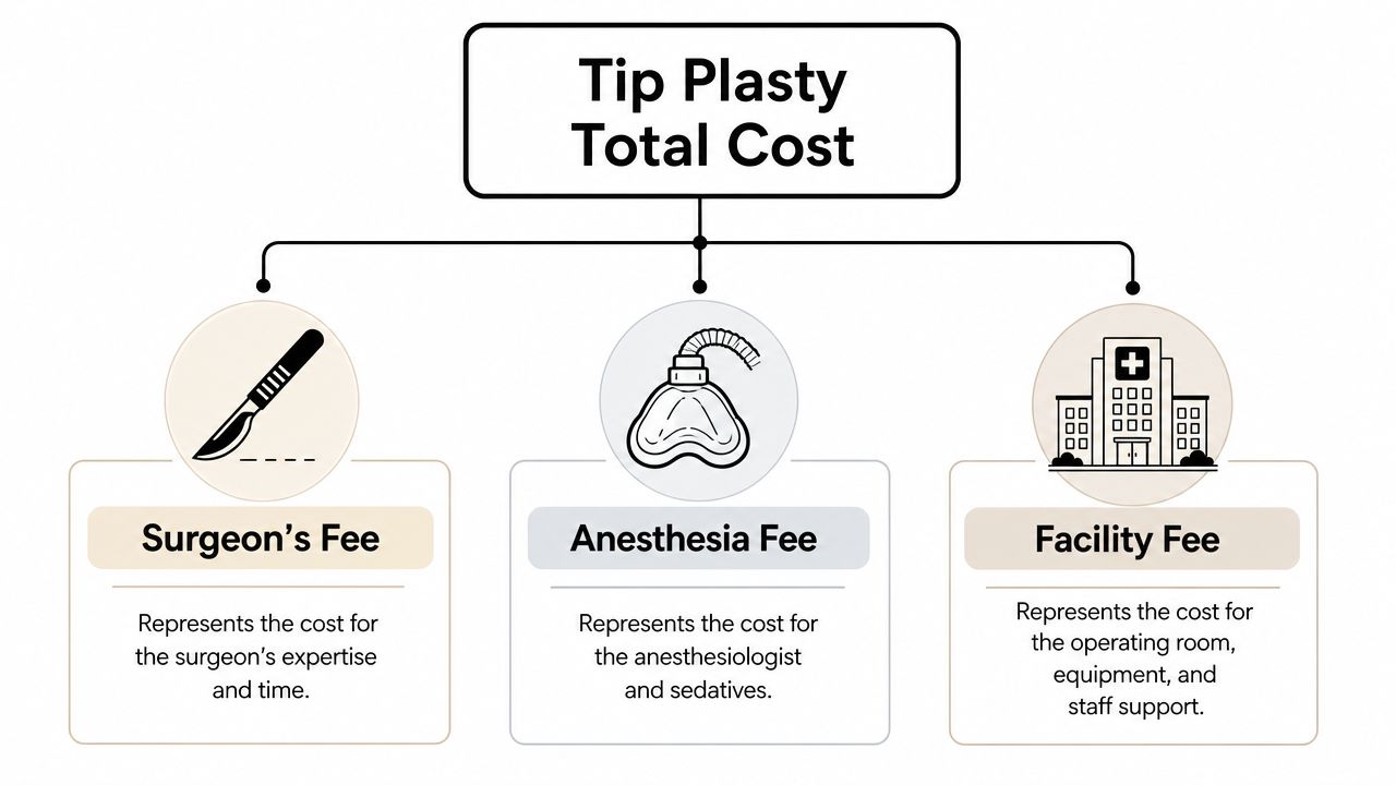 A diagram breaking down the total cost of a tip plasty procedure into surgeon, anesthesia, and facility fees.