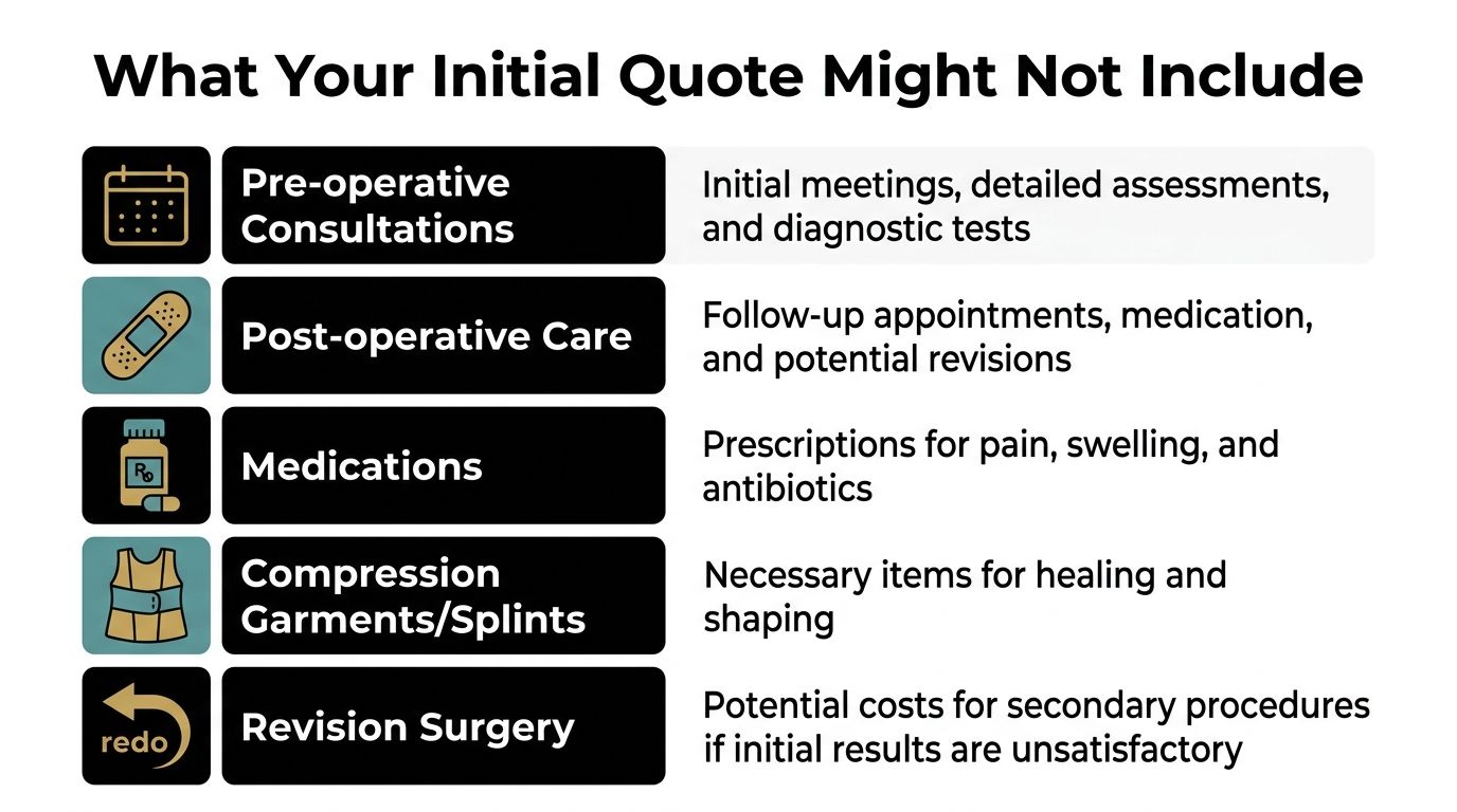A list graphic illustrating common additional costs that might not be included in an initial surgery quote.