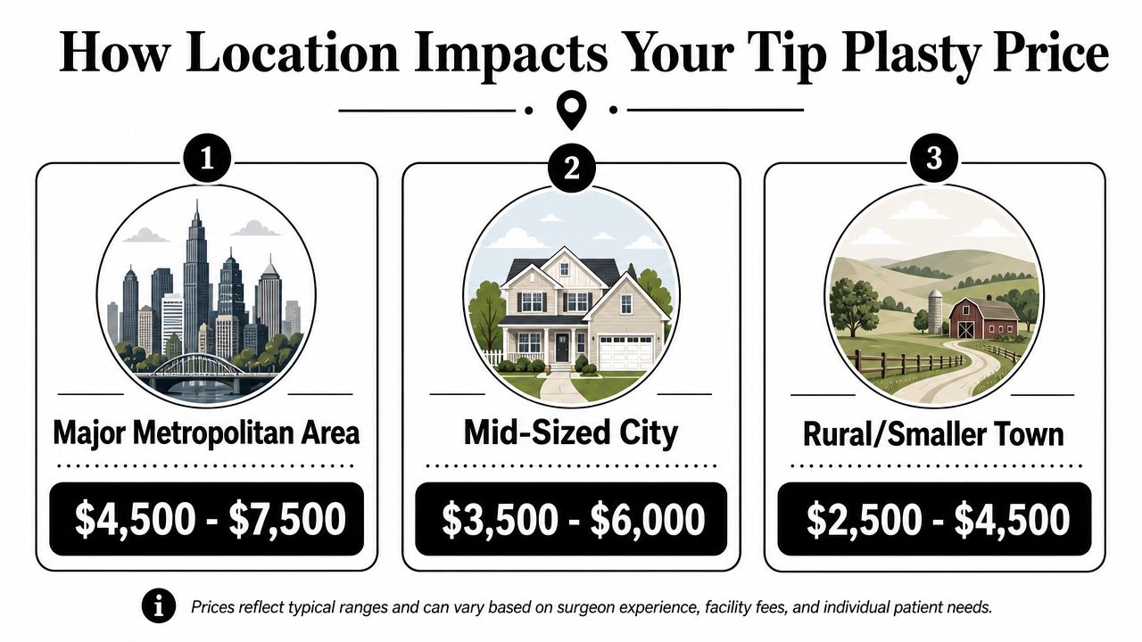 A graphic showing how tip plasty prices vary based on location from major cities to rural areas.