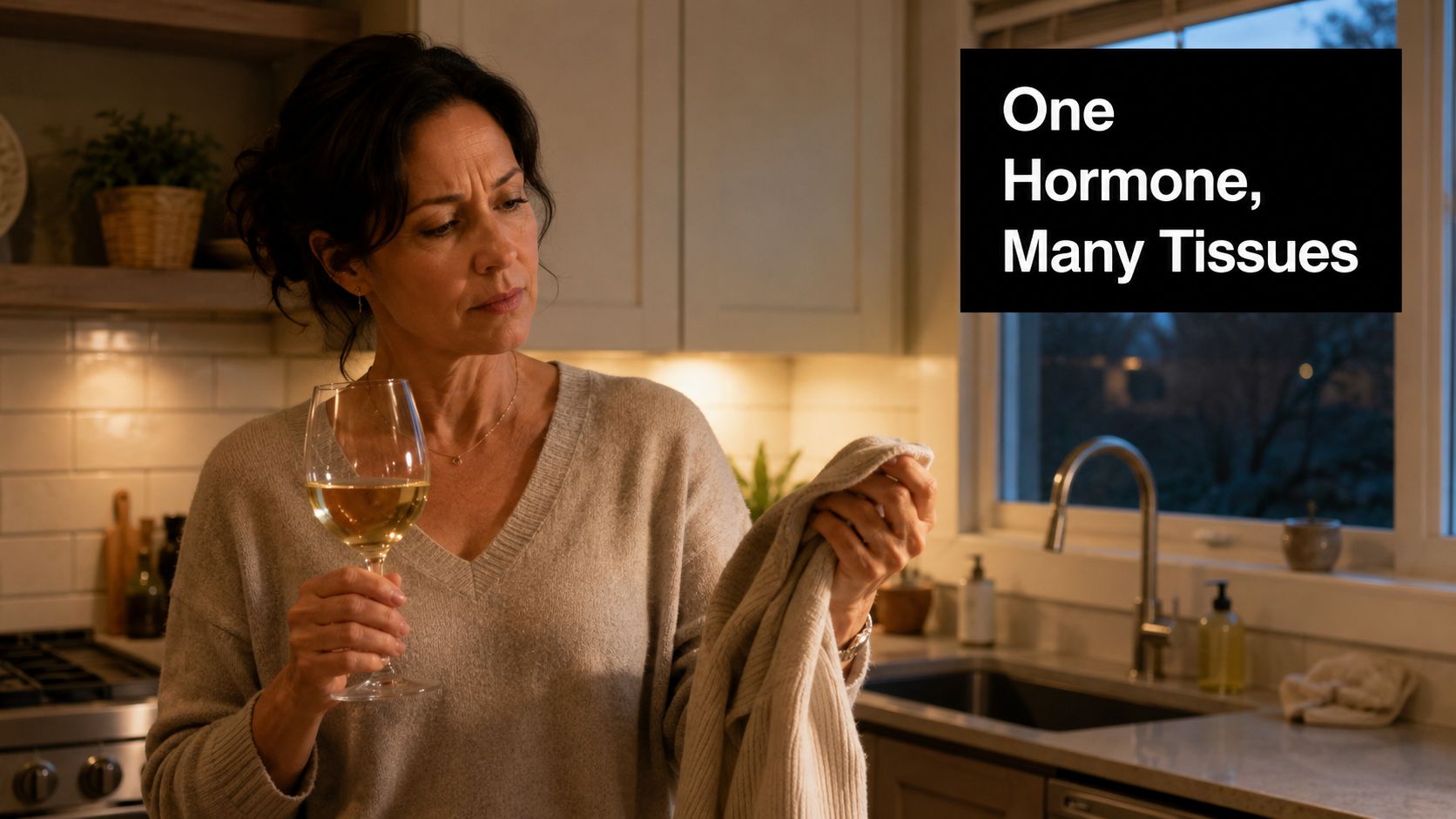 A concerned woman holding a glass of wine while looking at a piece of clothing in her kitchen.
