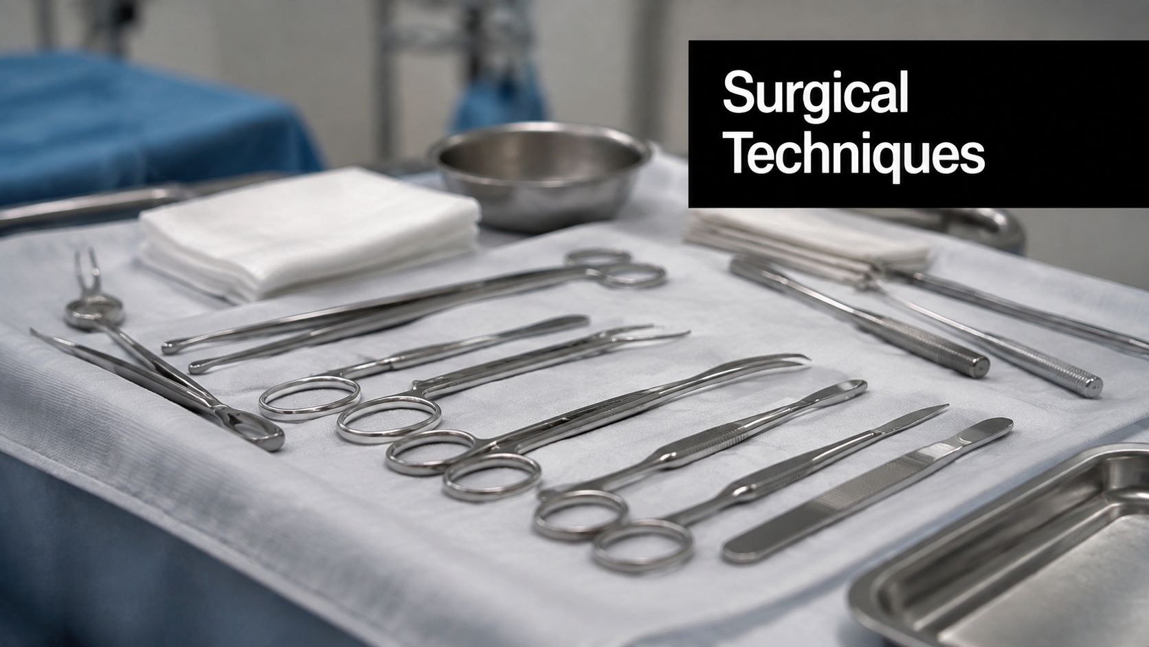 A sterile surgical tray featuring various metal medical instruments and gauze pads for use in an operating room.