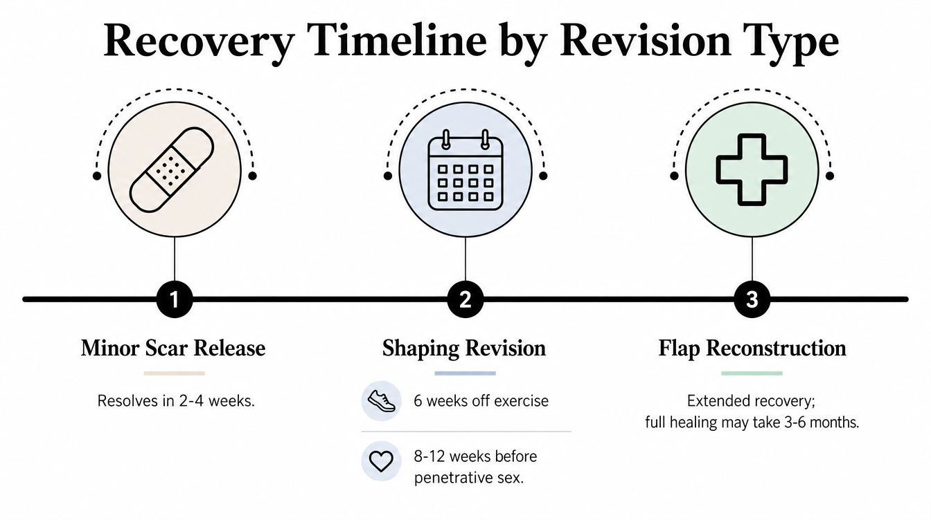 A recovery timeline infographic for labiaplasty revisions, showing three types of procedures and their healing timeframes.