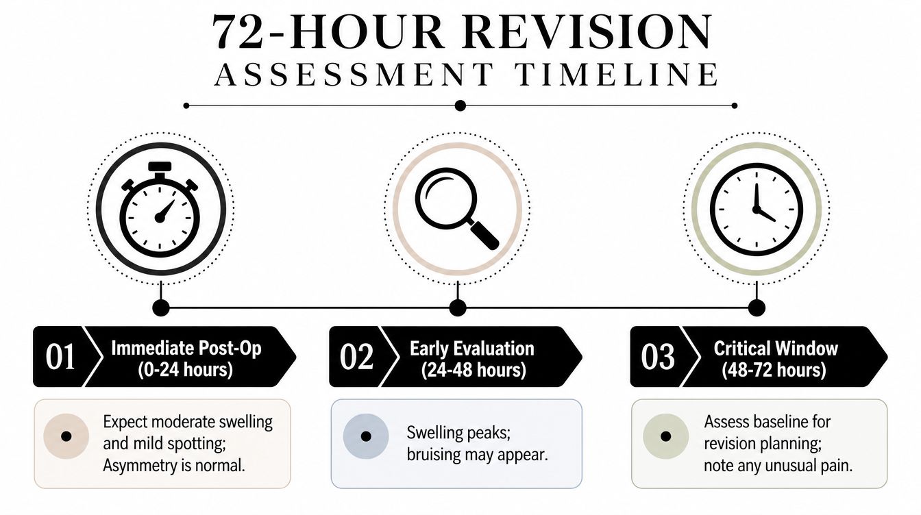 A timeline graphic showing the 72-hour assessment stages following a surgical procedure for patient monitoring.