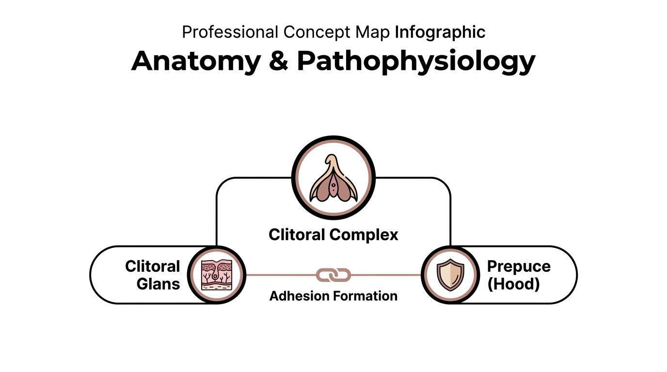 A professional infographic diagram illustrating the anatomical relationship between the clitoral glans and prepuce hood.