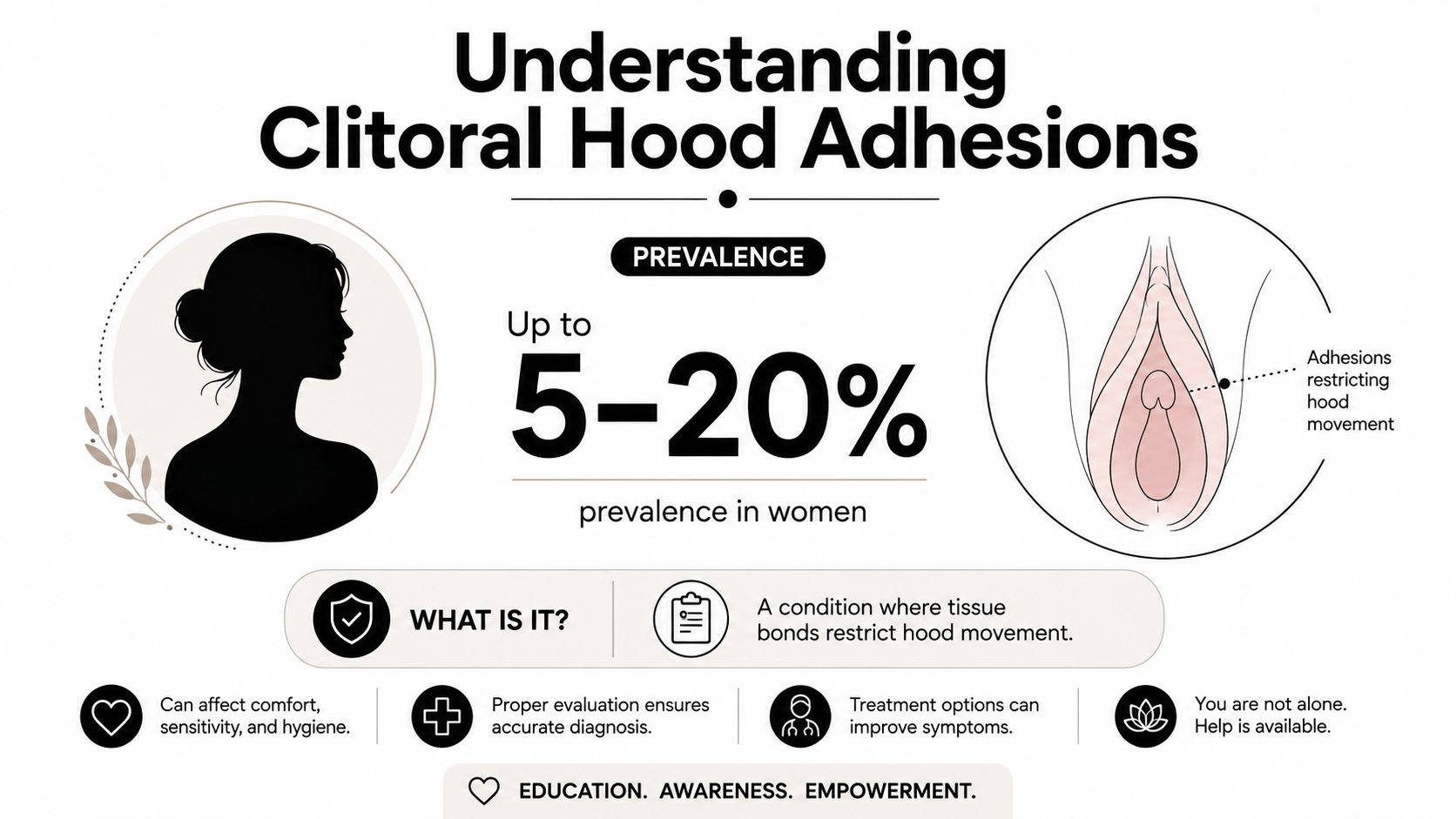 An infographic explaining clitoral hood adhesions, prevalence rates, and the importance of professional medical evaluation.