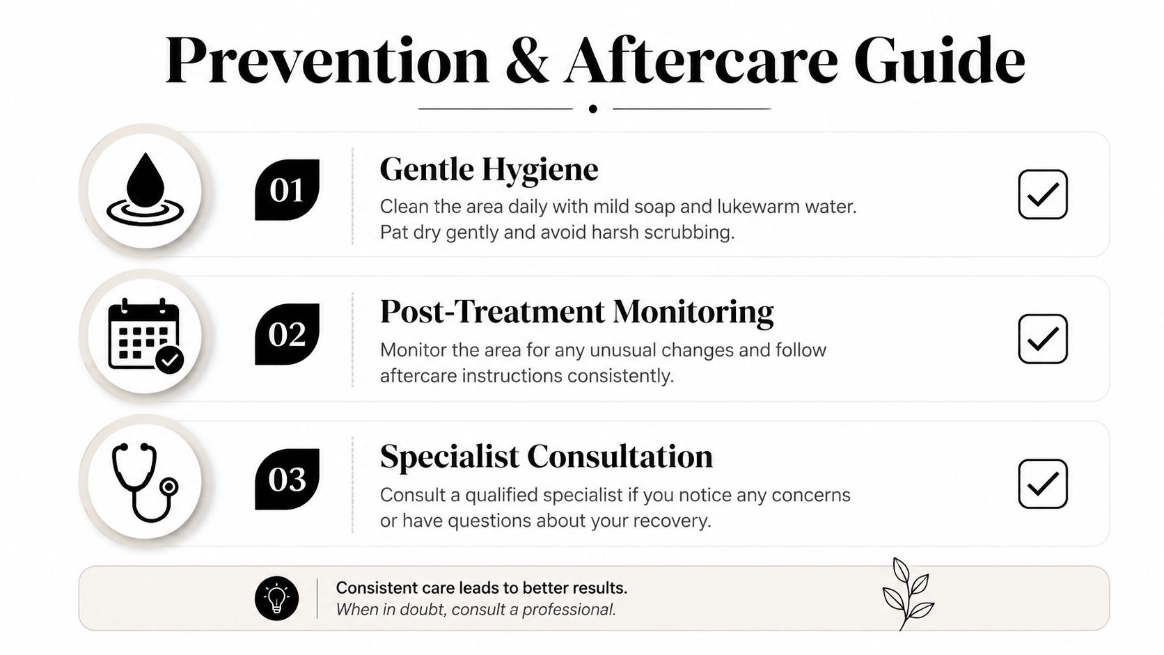 A clean, informative infographic titled Prevention & Aftercare Guide outlining three essential steps for post-treatment recovery.