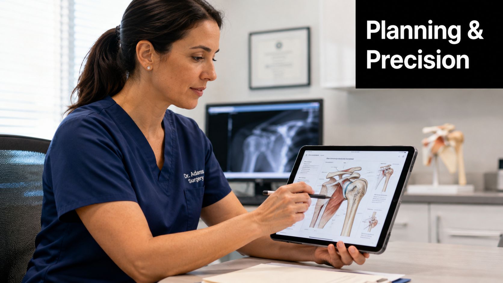 A female surgeon in blue scrubs reviewing a digital anatomical model of a shoulder on a tablet.