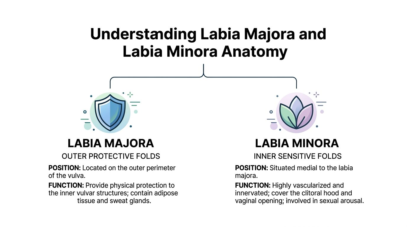 A diagram explaining the anatomical differences, positions, and functions of the labia majora and labia minora.