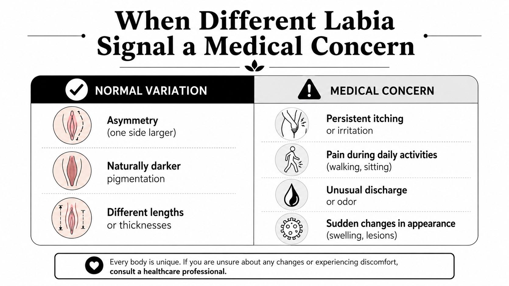 A chart comparing normal vaginal labia variations with symptoms that may indicate a potential medical concern.